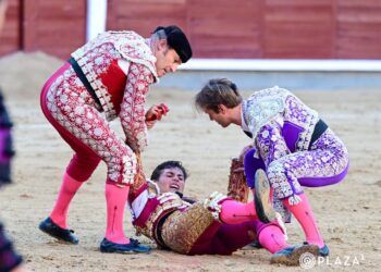 Álvaro Serrano cae herido en el tercer novillo de su encerrona en Madrid: a la enfermería y la novillada queda por el momento en manos de los sobresalientes